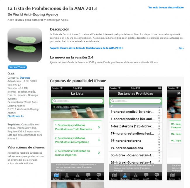 LA LISTA DE SUSTANCIAS PROHIBIDAS DE LA AGENCIA MUNDIAL ANTIDOPAJE EN APLICACI&Oacute;N PARA IPHONE