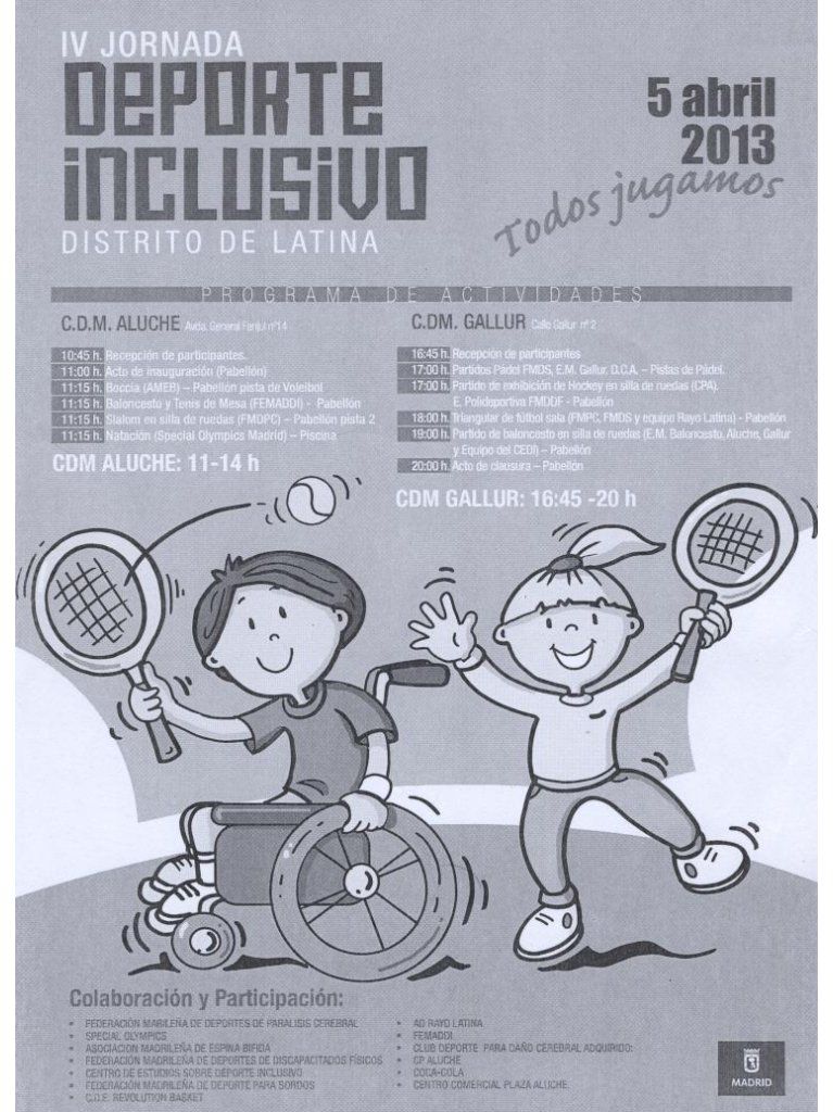 EL DISTRITO LA LATINA DE MADRID, ACOGER&Aacute; EL VIERNES 5 DE ABRIL, LA IV EDICI&Oacute;N DE DEPORTE INCLUSIVO