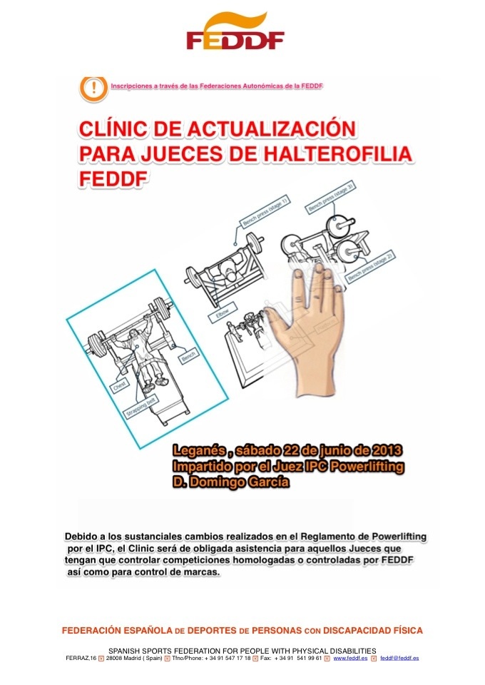 EL CLINIC DE ACTUALIZACI&Oacute;N PARA JUECES DE HALTEROFILIA FEDDF, TENDR&Aacute; LUGAR EL 22 DE JUNIO EN LA LOCALIDAD MADRILE&Ntilde;A DE LEGAN&Eacute;S.