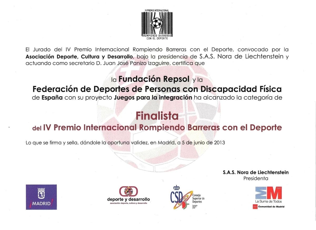 LA FEDDF Y FUNDACI&Oacute;N REPSOL QUEDAN FINALISTAS EN LA CUARTA EDICI&Oacute;N DEL PREMIO INTERNACIONAL A LA SOLIDARIDAD EN EL DEPORTE - PREMIO ROMPIENDO BARRERAS CON EL DEPORTE.