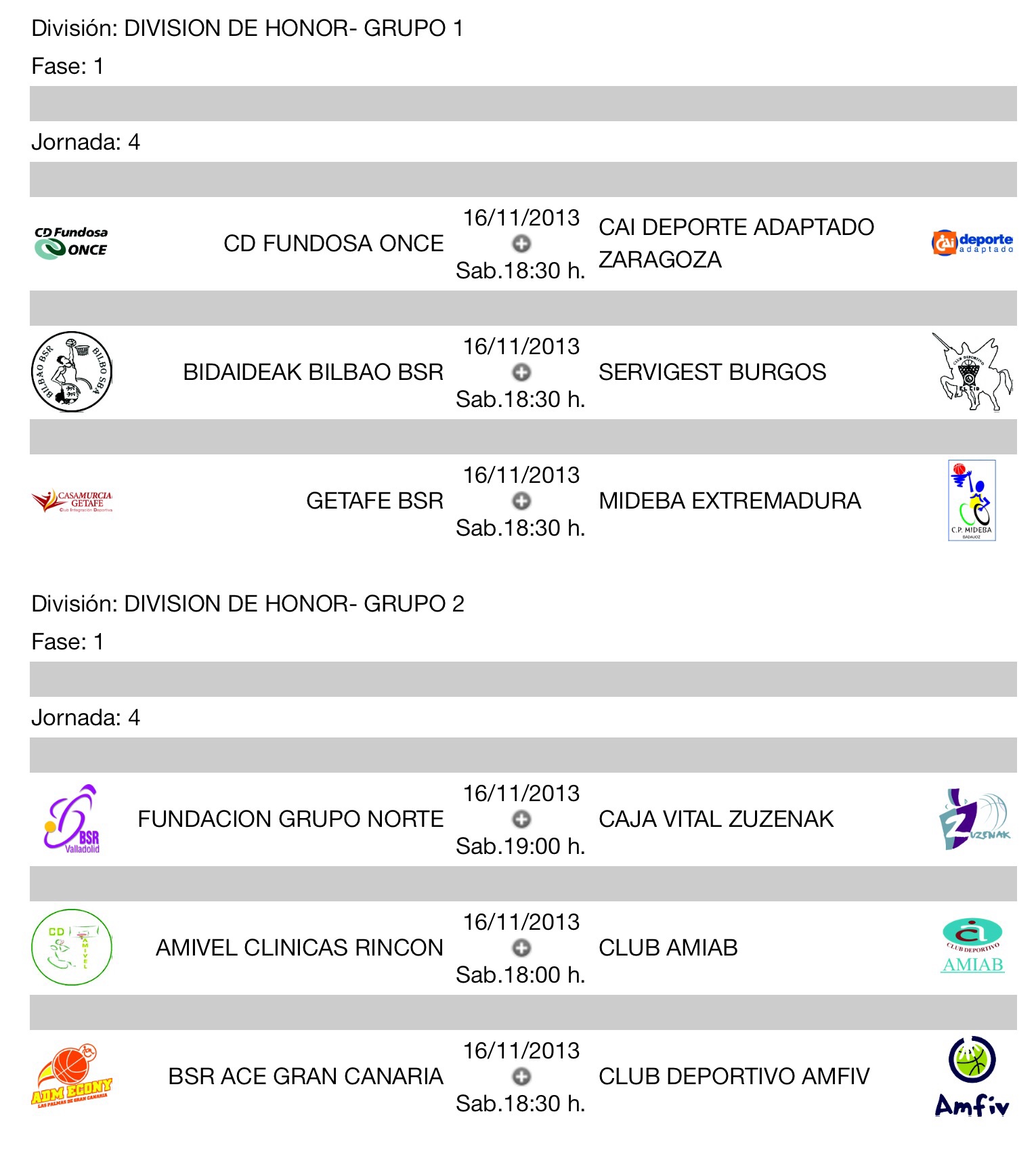 CALENDARIO DE LA CUARTA JORNADA EN DIVISI&Oacute;N DE HONOR  LIGA NACIONAL DE BALONCESTO EN SILLA DE RUEDAS