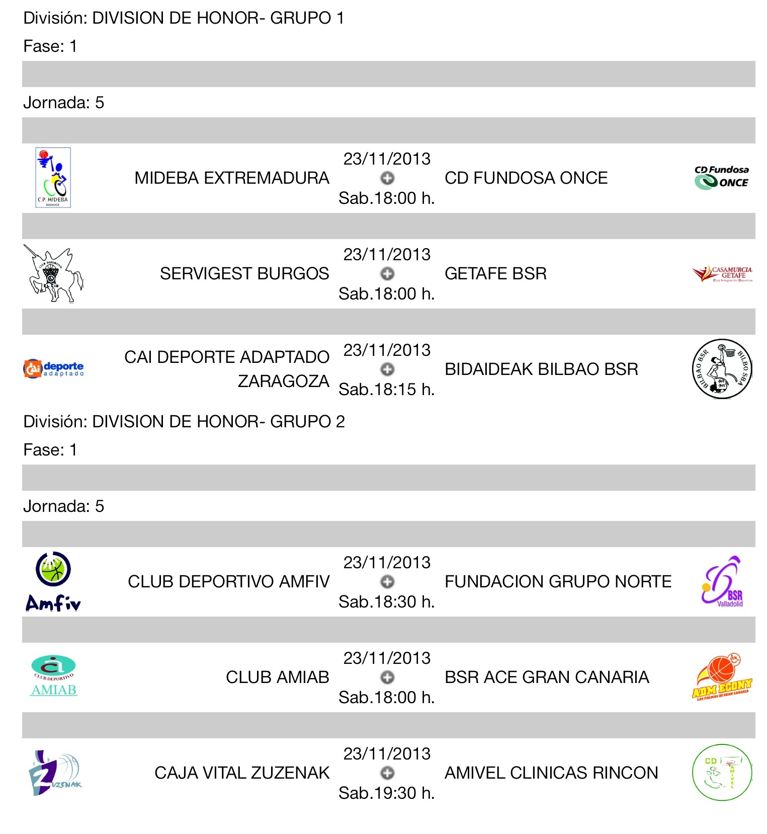 CALENDARIO - JORNADA 5 - DIVISI&Oacute;N DE HONOR , LIGA NACIONAL DE BALONCESTO EN SILLA DE RUEDAS 