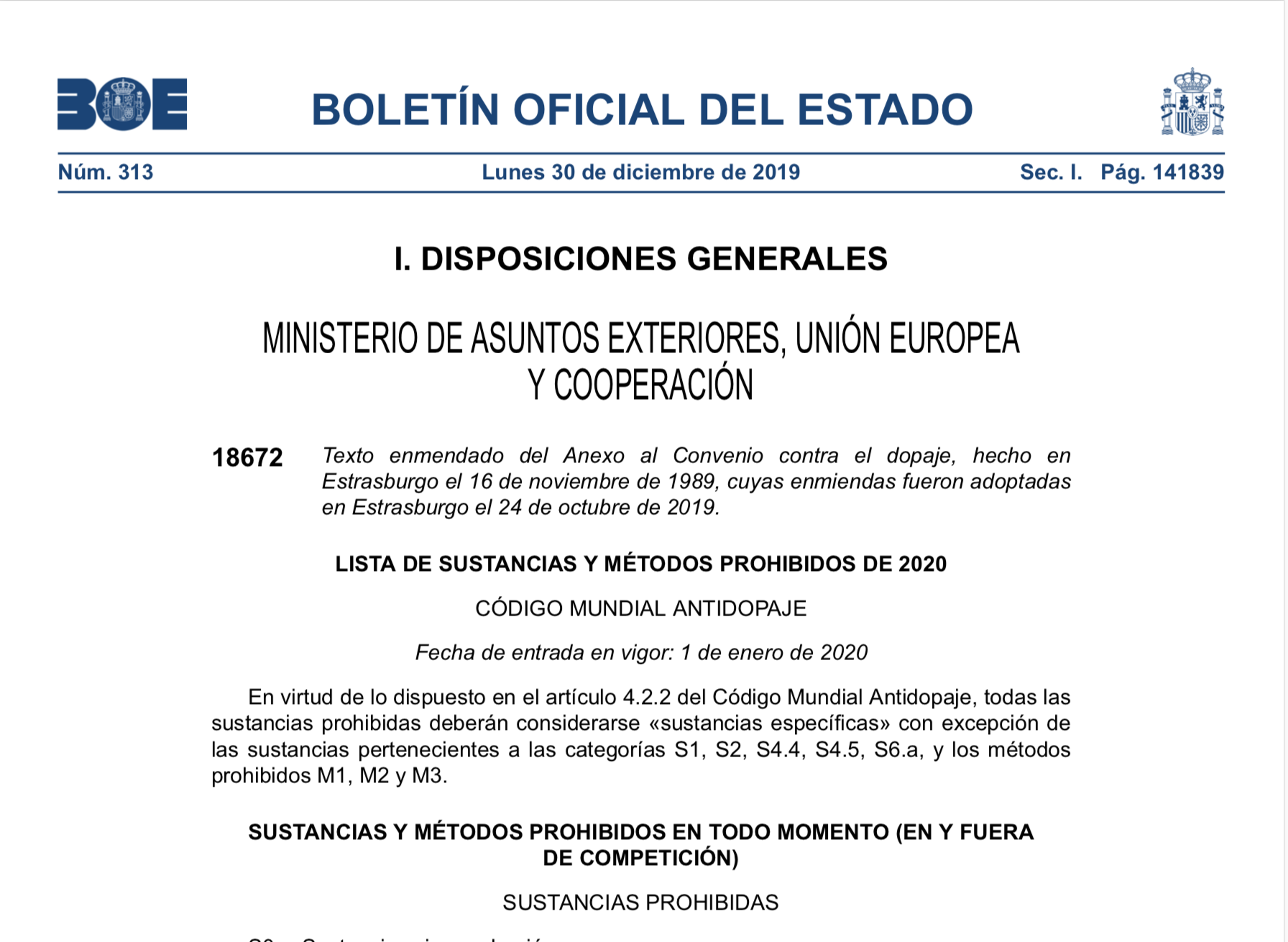 Modificaciones en el anexo de las sustancias y m&eacute;todos prohibidos en tema de dopaje para el 2020.